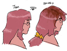Concept art of a character named Bonnie. It's a drawing of her head, as seen from the side. On the left is a depiction of her as a teenager with long pink hair and glasses. On the right is a depiction of her as an adult, her hair is pink but her roots are growing in, exposing brown hair under the pink dye.