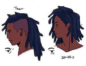 Concept art of a character named Marcy. It's a drawing of her head, as seen from the side. On the left is a depiction of her as a teenager, her hair is in long, dark-blue dreads, and the side is shaved. On the right is a depiction of her as an adult, her hair is shorter and still in dreads. 