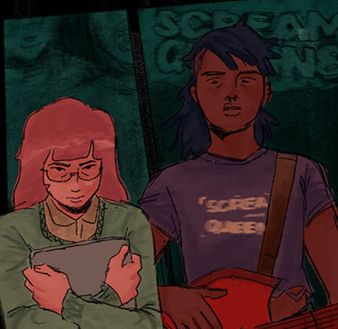 Two panels showing two characters, Bonnie on the left and Marcy on the right. It's a concert and Bonnie is watching from the crowd with an angry expression, and Marcy is performing with a guitar, also angrily looking at her. They are depicted as teens here.